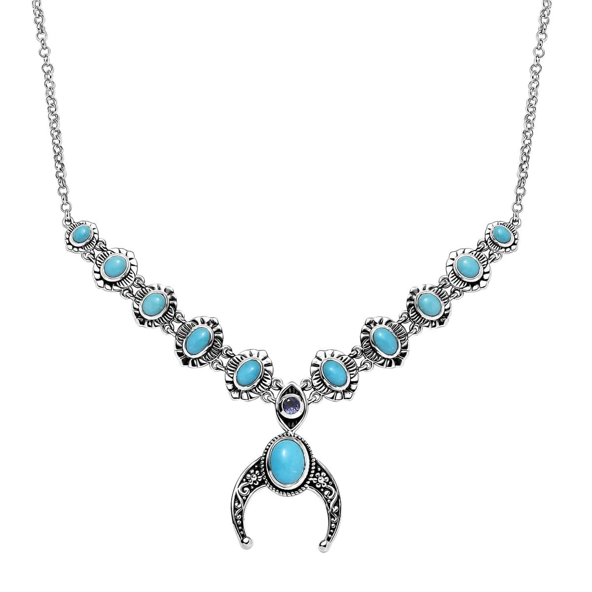 Artisan Crafted Sleeping Beauty Turquoise and Tanzanite Squash Blossom Necklace 18-20 Inches in Black Oxidized Sterling Silver 5.50 ctw image number 0