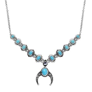 Artisan Crafted Sleeping Beauty Turquoise and Tanzanite Squash Blossom Necklace 18-20 Inches in Black Oxidized Sterling Silver 5.50 ctw