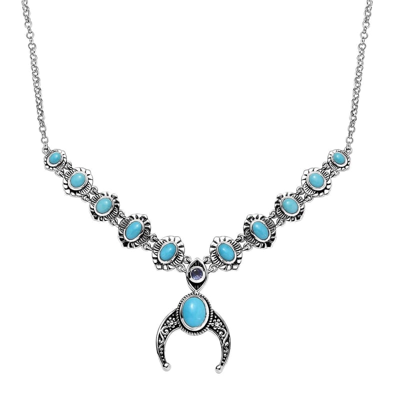 D'Joy Artisan Crafted Sleeping Beauty Turquoise and Tanzanite Squash Blossom Necklace 18-20 Inches in Black Oxidized Sterling Silver 5.50 ctw