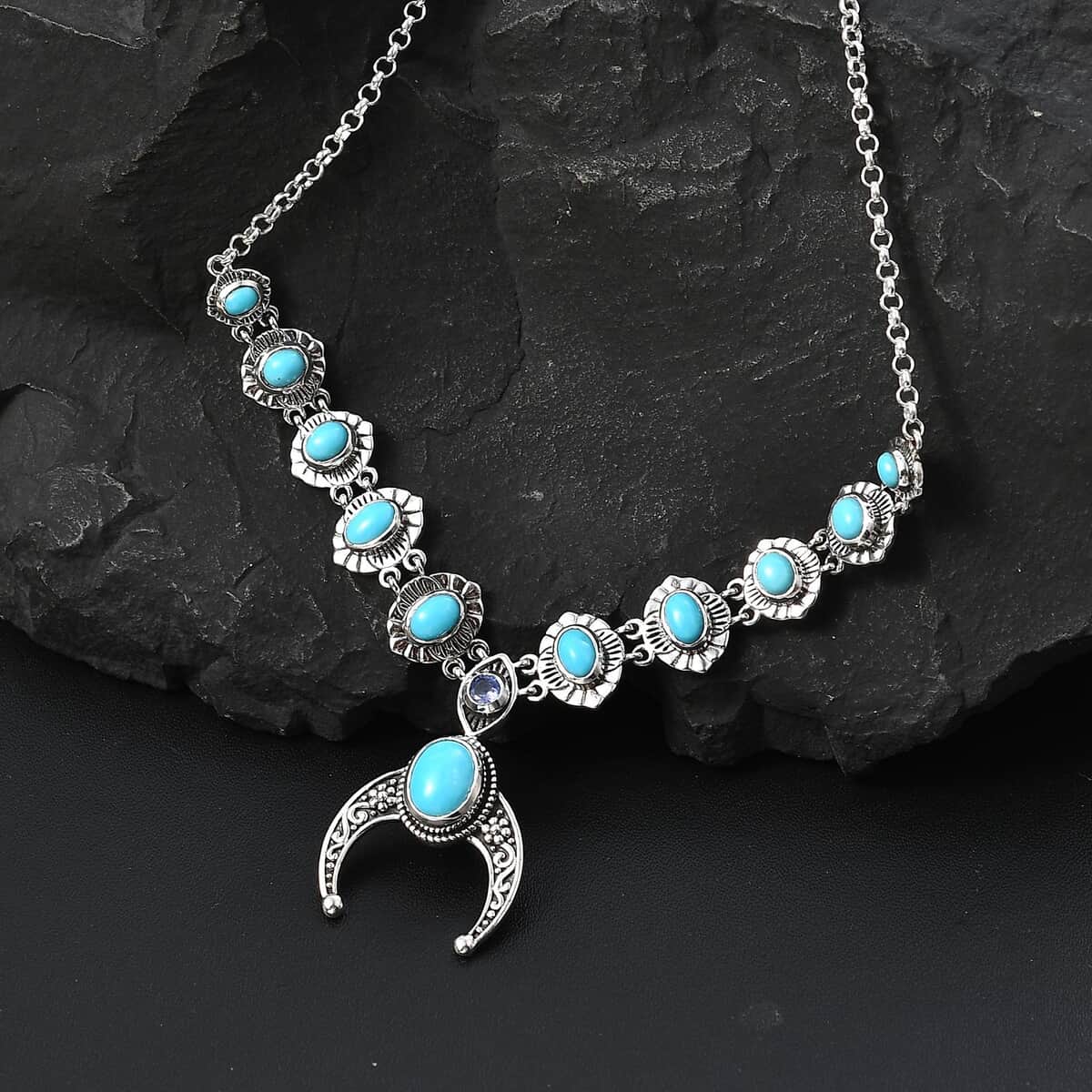 Artisan Crafted Sleeping Beauty Turquoise and Tanzanite Squash Blossom Necklace 18-20 Inches in Black Oxidized Sterling Silver 5.50 ctw image number 1