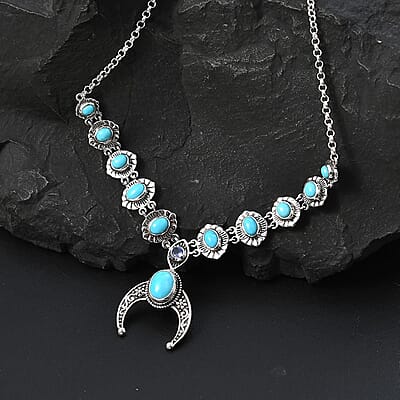 D'Joy Artisan Crafted Sleeping Beauty Turquoise and Tanzanite Squash Blossom Necklace 18-20 Inches in Black Oxidized Sterling Silver 5.50 ctw