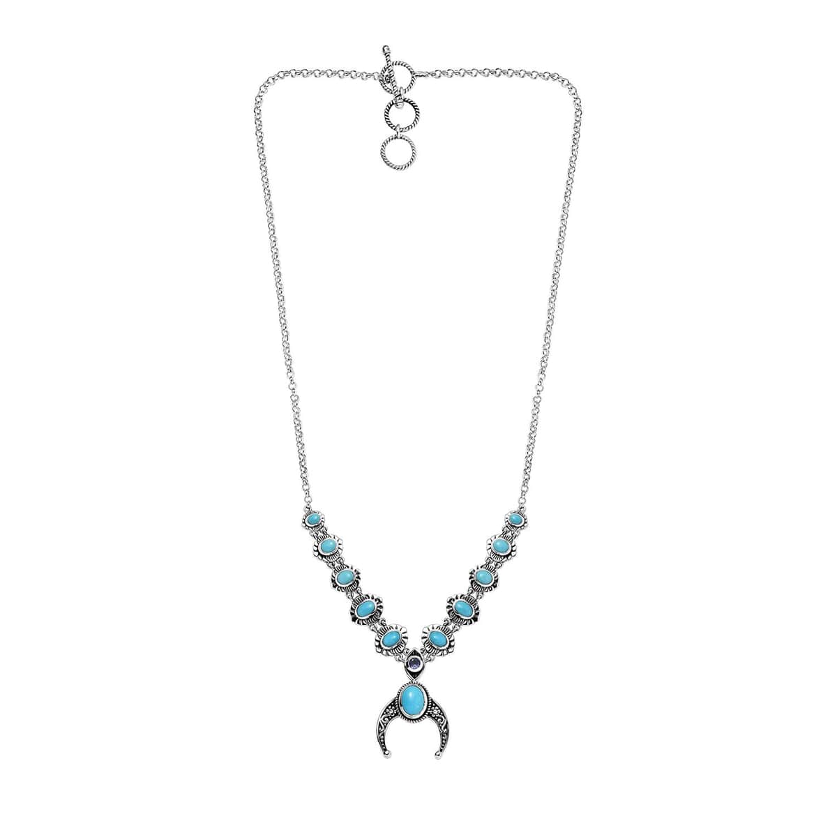 Artisan Crafted Sleeping Beauty Turquoise and Tanzanite Squash Blossom Necklace 18-20 Inches in Black Oxidized Sterling Silver 5.50 ctw image number 3