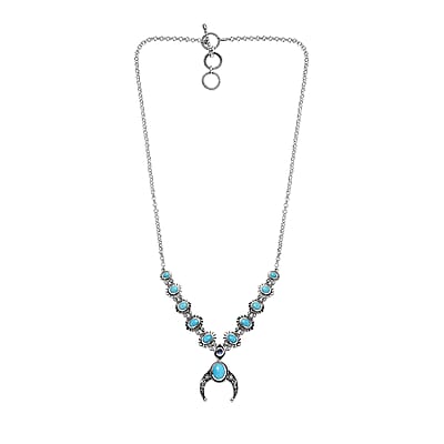 D'Joy Artisan Crafted Sleeping Beauty Turquoise and Tanzanite Squash Blossom Necklace 18-20 Inches in Black Oxidized Sterling Silver 5.50 ctw