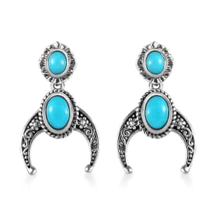 Artisan Crafted Sleeping Beauty Turquoise Squash Blossom Earrings in Black Oxidized Sterling Silver 1.40 ctw