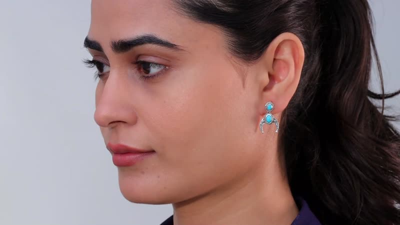 Artisan Crafted Sleeping Beauty Turquoise Squash Blossom Earrings in Black Oxidized Sterling Silver 1.40 ctw