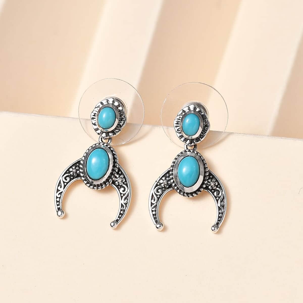Artisan Crafted Sleeping Beauty Turquoise Squash Blossom Earrings in Black Oxidized Sterling Silver 1.40 ctw image number 1