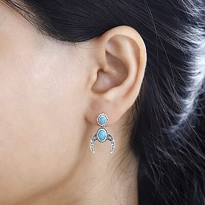 Artisan Crafted Sleeping Beauty Turquoise Squash Blossom Earrings in Black Oxidized Sterling Silver 1.40 ctw