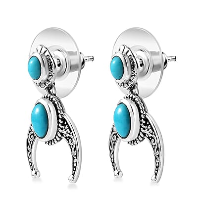 Artisan Crafted Sleeping Beauty Turquoise Squash Blossom Earrings in Black Oxidized Sterling Silver 1.40 ctw