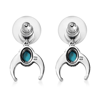 Artisan Crafted Sleeping Beauty Turquoise Squash Blossom Earrings in Black Oxidized Sterling Silver 1.40 ctw