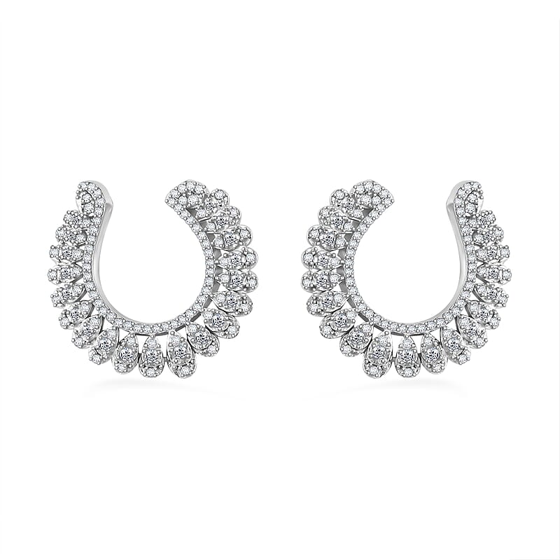 White Diamond Hoop Earrings in Rhodium Over Sterling Silver 1.00 ctw