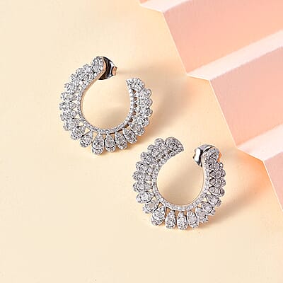 White Diamond Hoop Earrings in Rhodium Over Sterling Silver 1.00 ctw