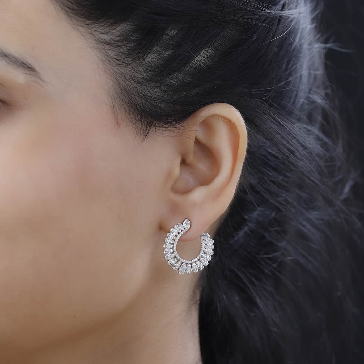 White Diamond Hoop Earrings in Rhodium Over Sterling Silver 1.00 ctw image number 2