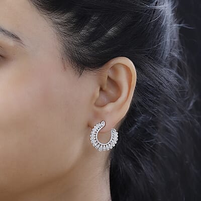 White Diamond Hoop Earrings in Rhodium Over Sterling Silver 1.00 ctw