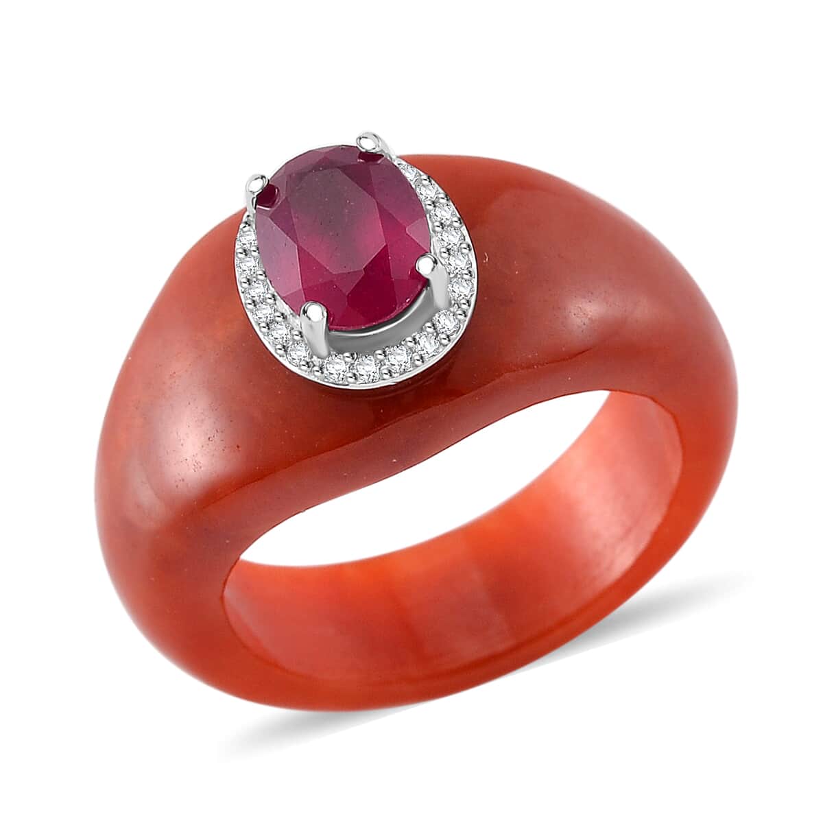 Niassa Ruby (FF), Red Jade (D) and White Zircon 29.75 ctw Ring in Rhodium Over Sterling Silver (Size 7.0) image number 0