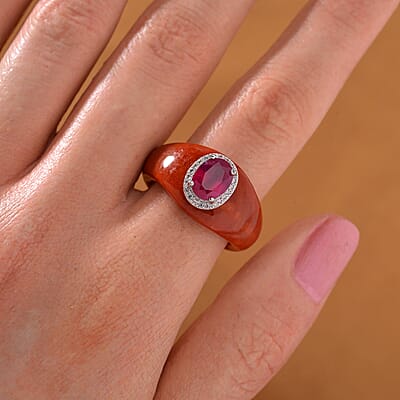 Niassa Ruby (FF), Red Jade (D) and White Zircon 29.75 ctw Ring in Rhodium Over Sterling Silver (Size 7.0)