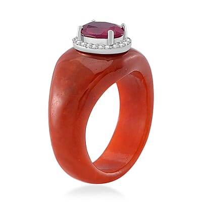 Niassa Ruby (FF), Red Jade (D) and White Zircon 29.75 ctw Ring in Rhodium Over Sterling Silver (Size 7.0)