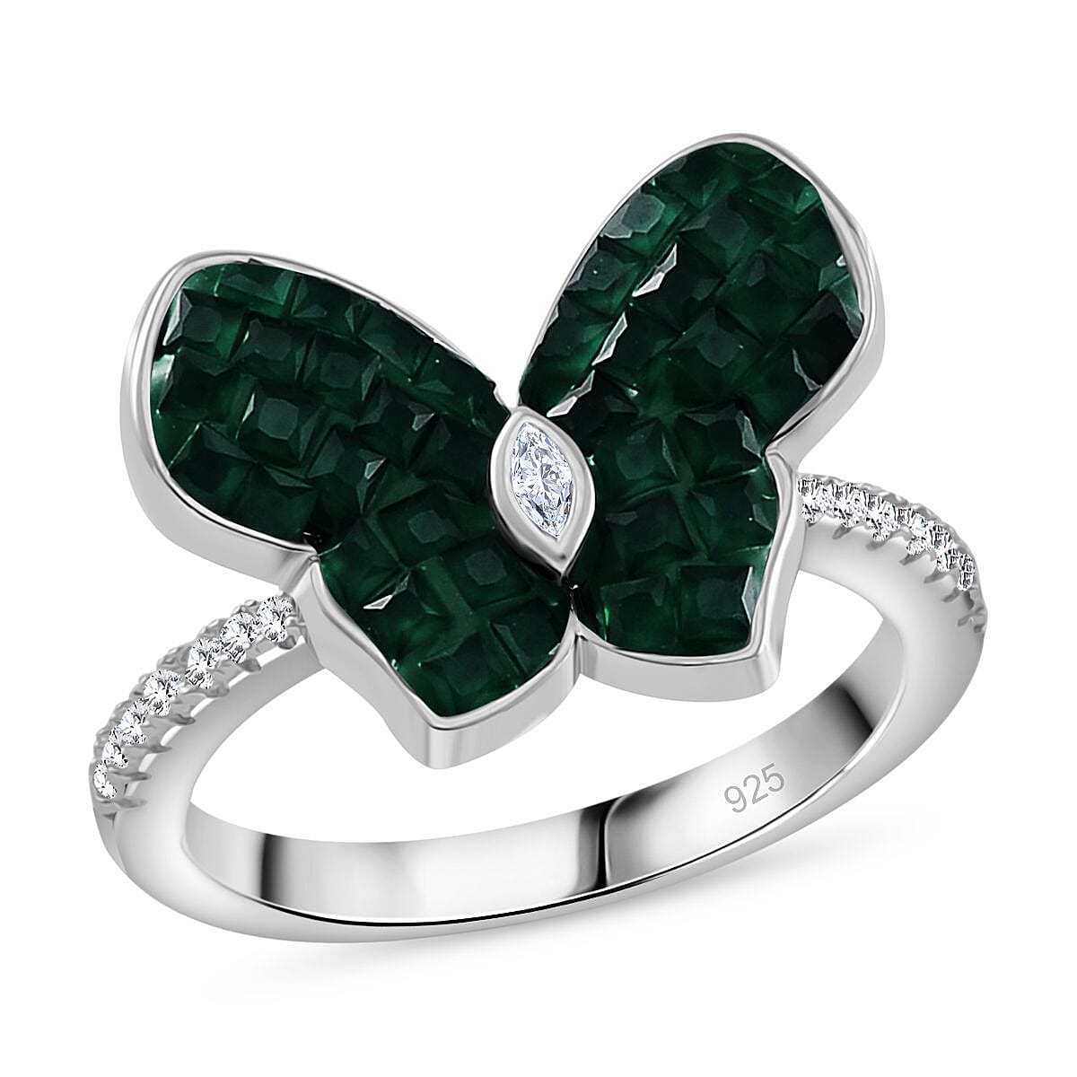 Simulated Green and White Diamond Rhodium Ring in Rhodium Over Sterling Silver (Size 6.5)