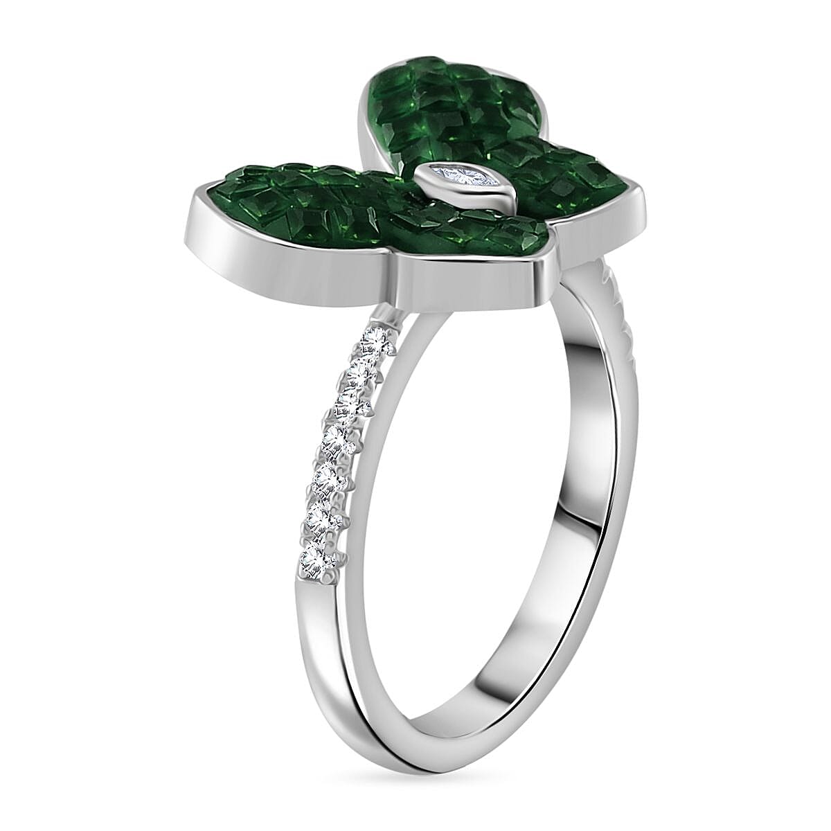 Simulated Green and White Diamond Rhodium Ring in Rhodium Over Sterling Silver (Size 6.5)
