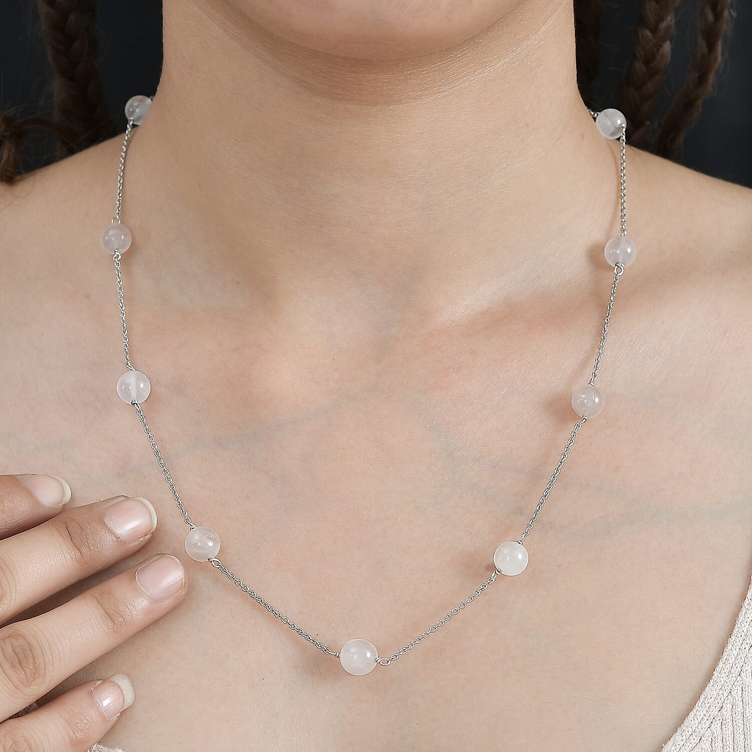 Galilea Rose Quartz Station Necklace 20 Inches in Rhodium Over Sterling Silver 40.00 ctw