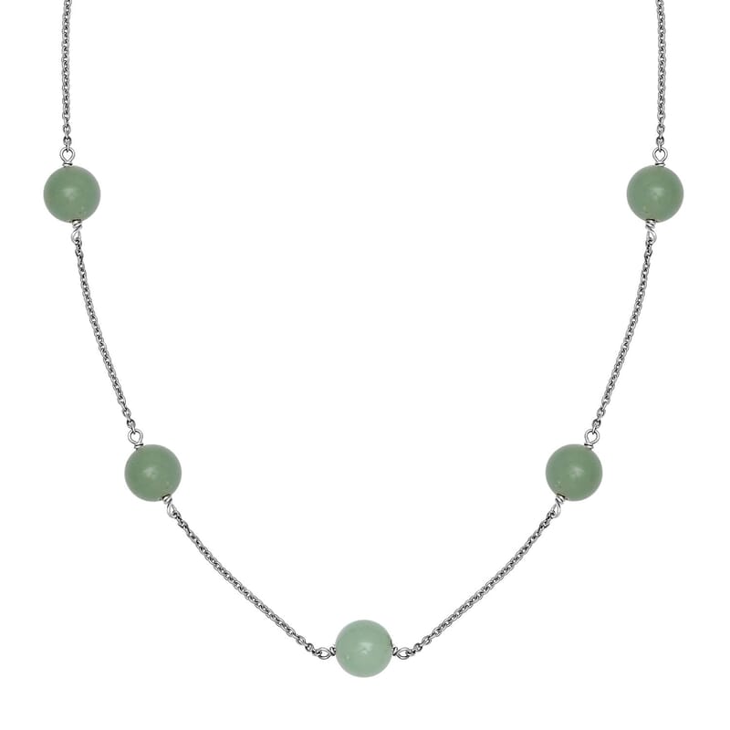 Green Aventurine Station Necklace 20 Inches in Rhodium Over Sterling Silver 35.00 ctw