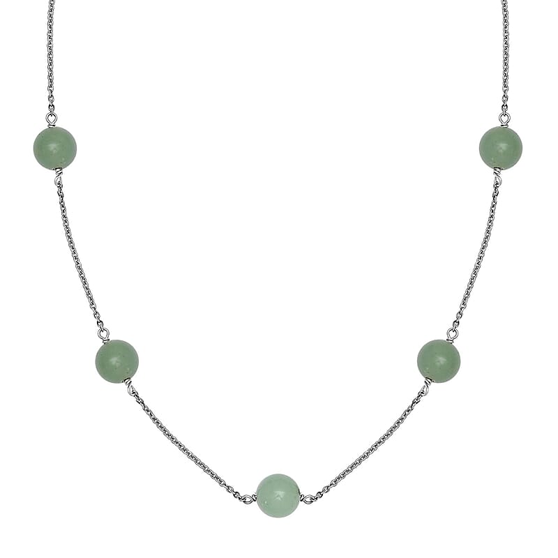 Green Aventurine Station Necklace 20 Inches in Rhodium Over Sterling Silver 35.00 ctw