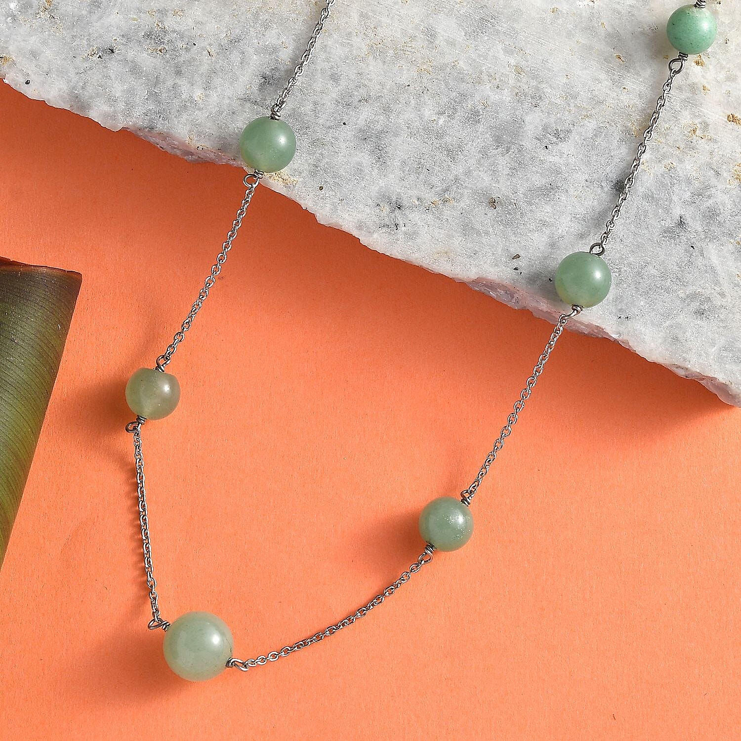 Green Aventurine Station Necklace 20 Inches in Rhodium Over Sterling Silver 35.00 ctw