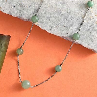 Green Aventurine Station Necklace 20 Inches in Rhodium Over Sterling Silver 35.00 ctw