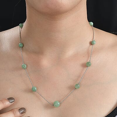 Green Aventurine Station Necklace 20 Inches in Rhodium Over Sterling Silver 35.00 ctw