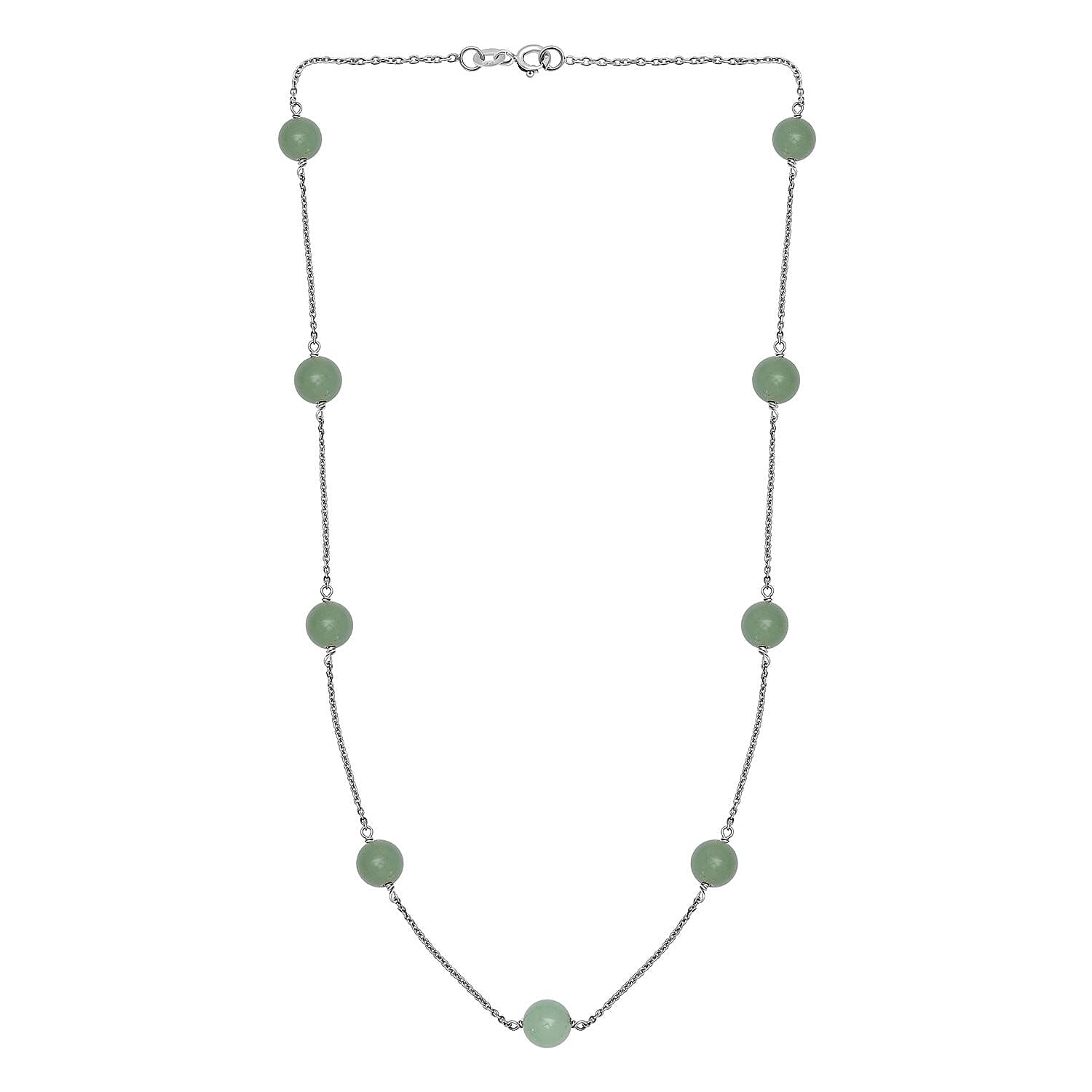 Green Aventurine Station Necklace 20 Inches in Rhodium Over Sterling Silver 35.00 ctw
