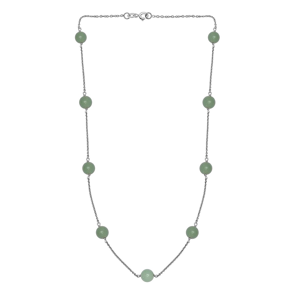 Green Aventurine Station Necklace 20 Inches in Rhodium Over Sterling Silver 35.00 ctw image number 3