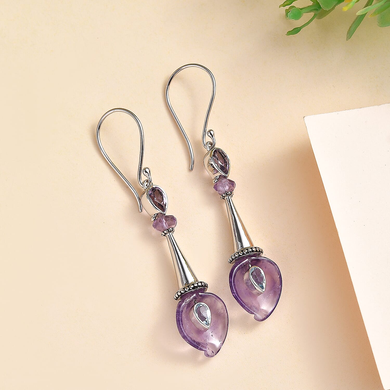 Sajen Silver AAA African Amethyst Carved and Celestial Quartz Earrings in Platinum Over Sterling Silver 12.00 ctw