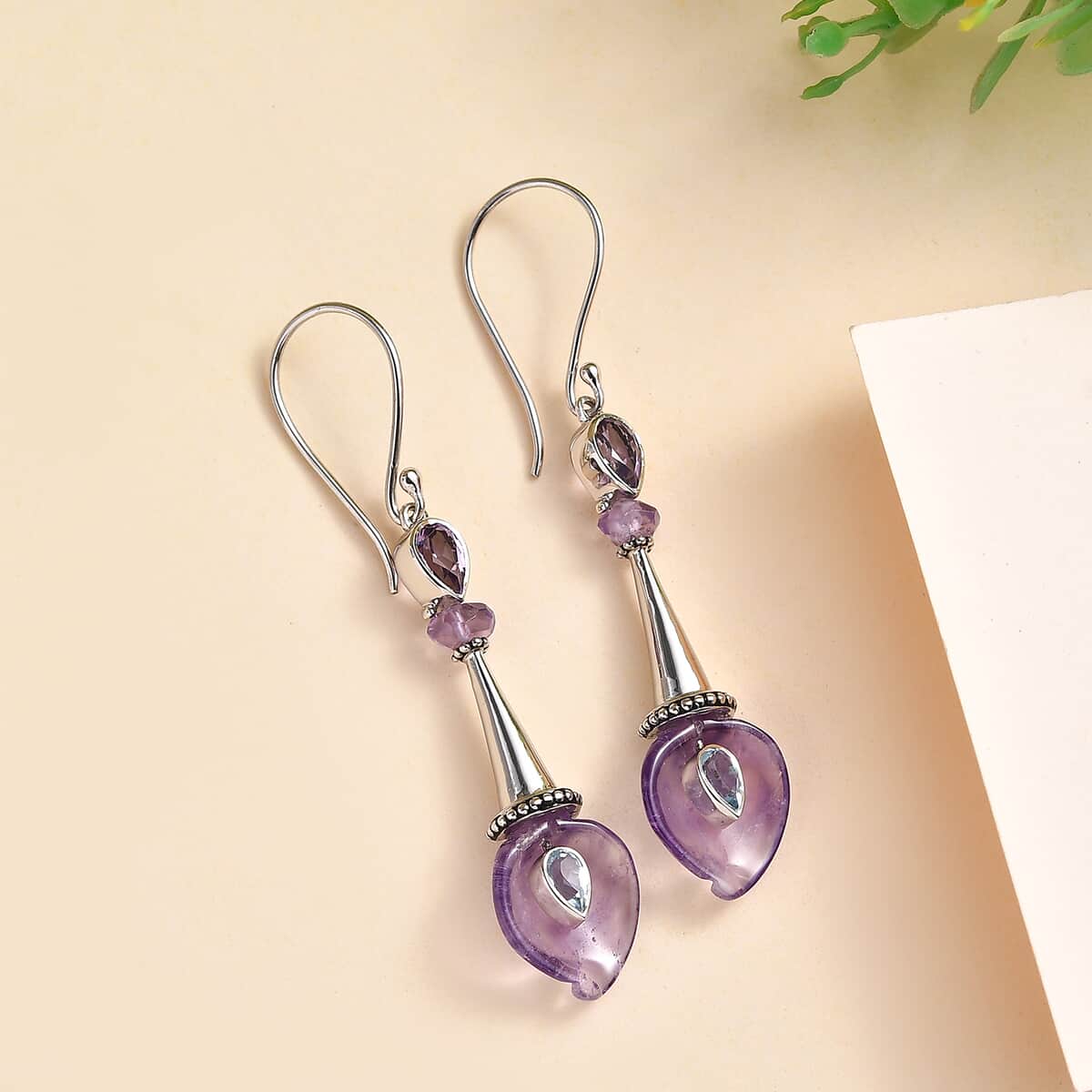 Sajen Silver AAA African Amethyst Carved and Celestial Quartz Earrings in Platinum Over Sterling Silver 12.00 ctw image number 1