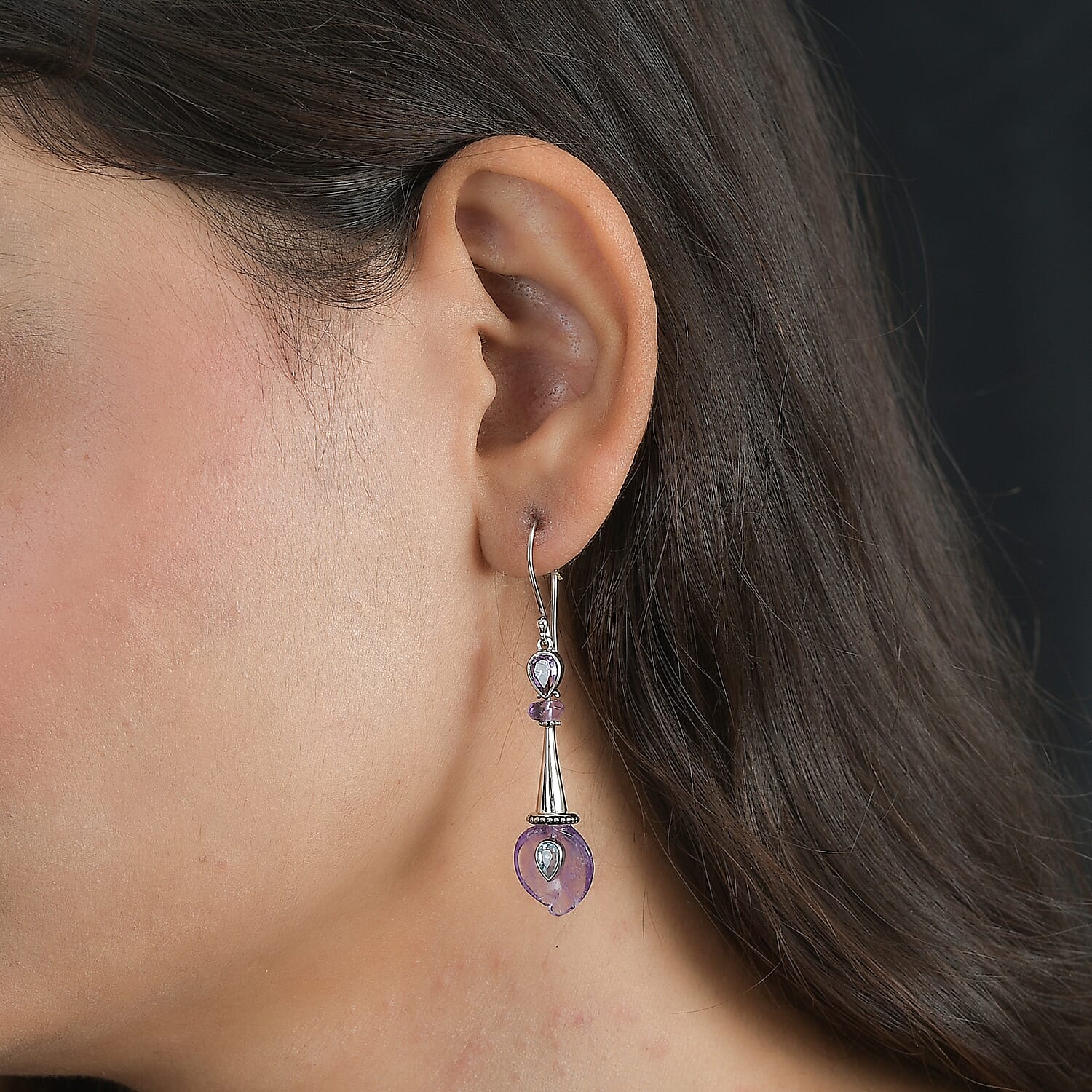 Sajen Silver AAA African Amethyst Carved and Celestial Quartz Earrings in Platinum Over Sterling Silver 12.00 ctw