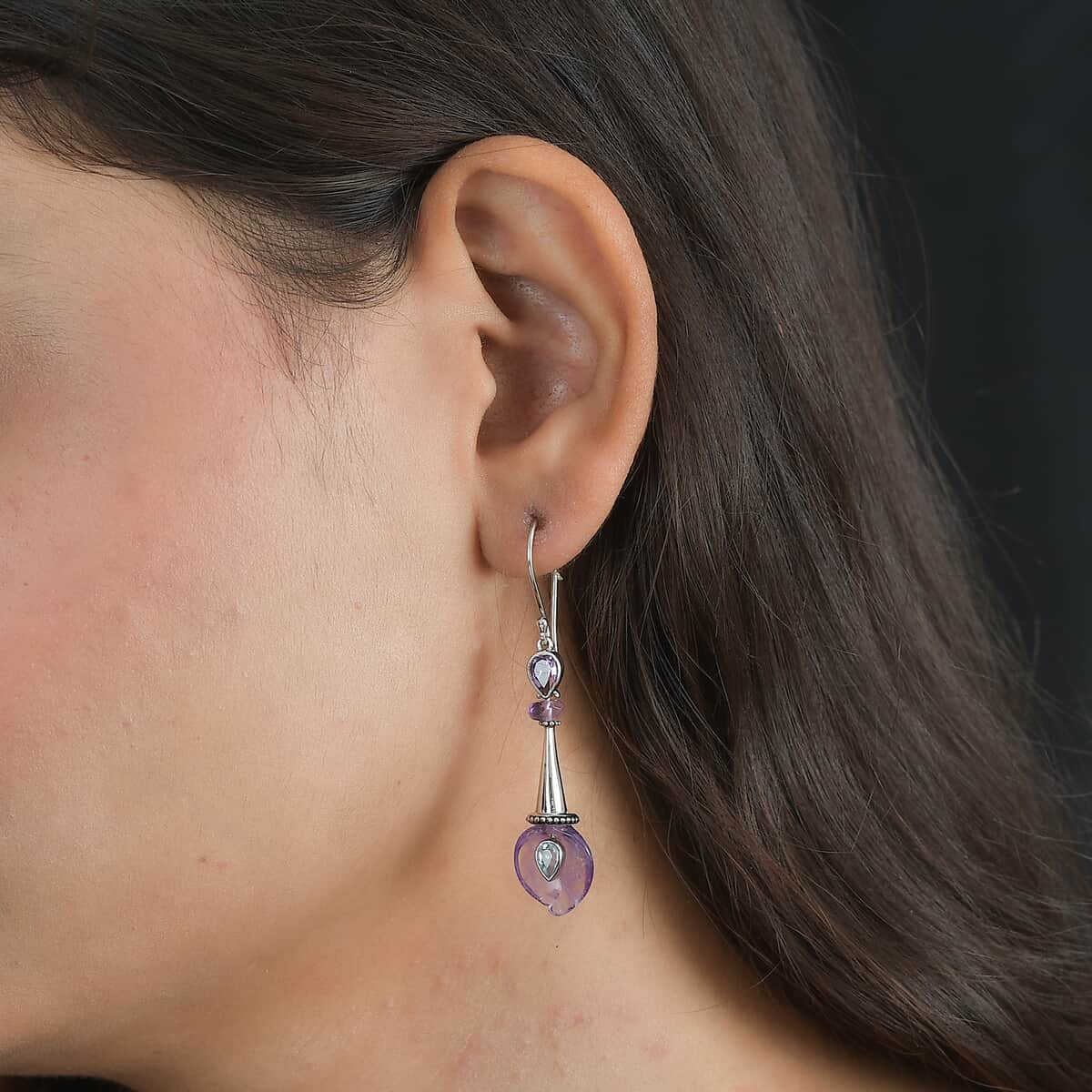 Sajen Silver AAA African Amethyst Carved and Celestial Quartz Earrings in Platinum Over Sterling Silver 12.00 ctw image number 2