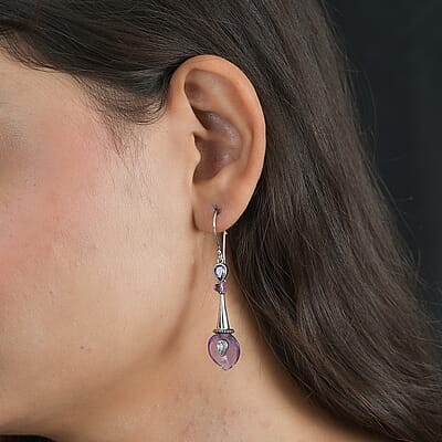 Sajen Silver AAA African Amethyst Carved and Celestial Quartz Earrings in Platinum Over Sterling Silver 12.00 ctw