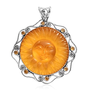Sajen Silver Lab Created Citrine Carved and Citrine Pendant without Chain in Platinum Over Sterling Silver 85.00 ctw
