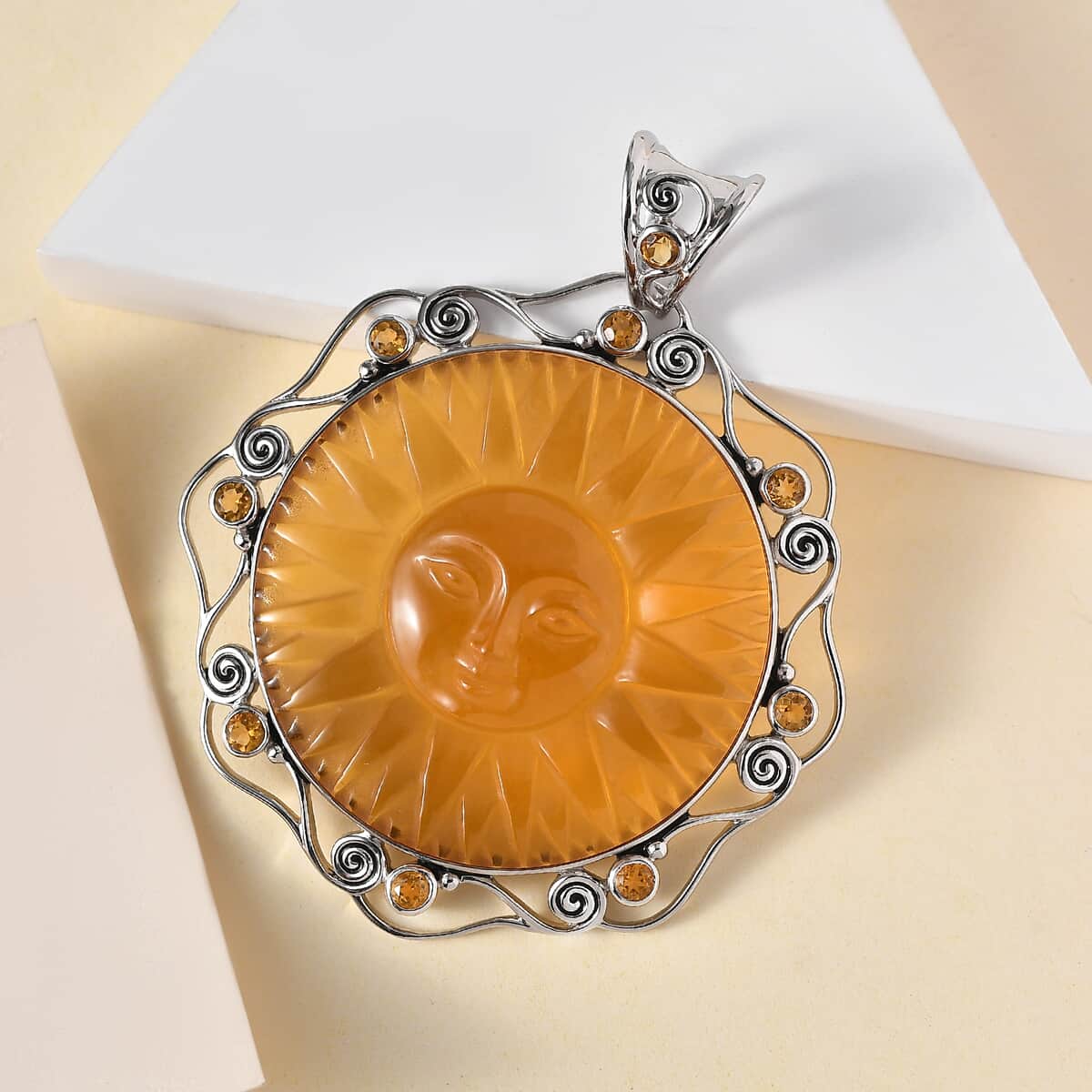 Sajen Silver Lab Created Citrine Carved and Citrine Pendant in Platinum Over Sterling Silver 85.00 ctw image number 1