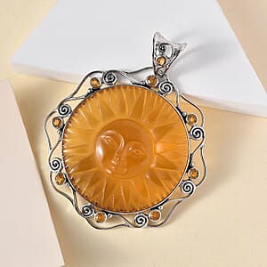 Sajen Silver Lab Created Citrine Carved and Citrine Pendant without Chain in Platinum Over Sterling Silver 85.00 ctw