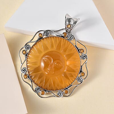 Sajen Silver Lab Created Citrine Carved and Citrine Pendant without Chain in Platinum Over Sterling Silver 85.00 ctw