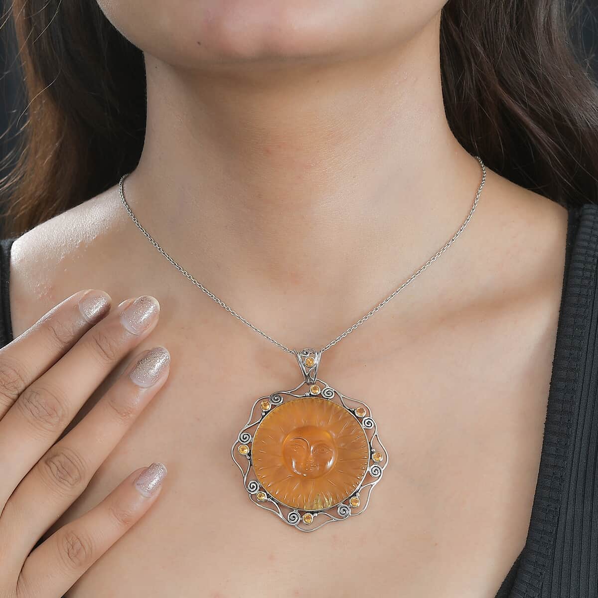 Sajen Silver Lab Created Citrine Carved and Citrine Pendant in Platinum Over Sterling Silver 85.00 ctw image number 2