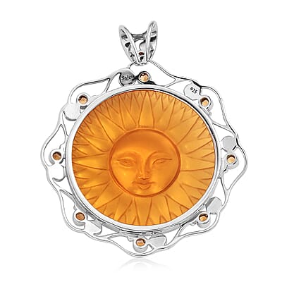 Sajen Silver Lab Created Citrine Carved and Citrine Pendant without Chain in Platinum Over Sterling Silver 85.00 ctw