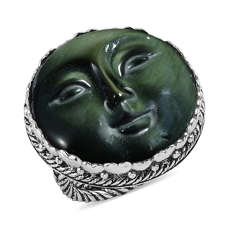 Sajen Silver AAA Rainbow Obsidian Carved Ring in Platinum Over Sterling Silver (Size 10.0) 23.25 ctw