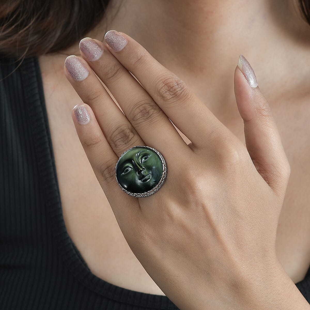 Sajen Silver AAA Rainbow Obsidian Carved Ring in Platinum Over Sterling Silver (Size 10.0) 23.25 ctw image number 2