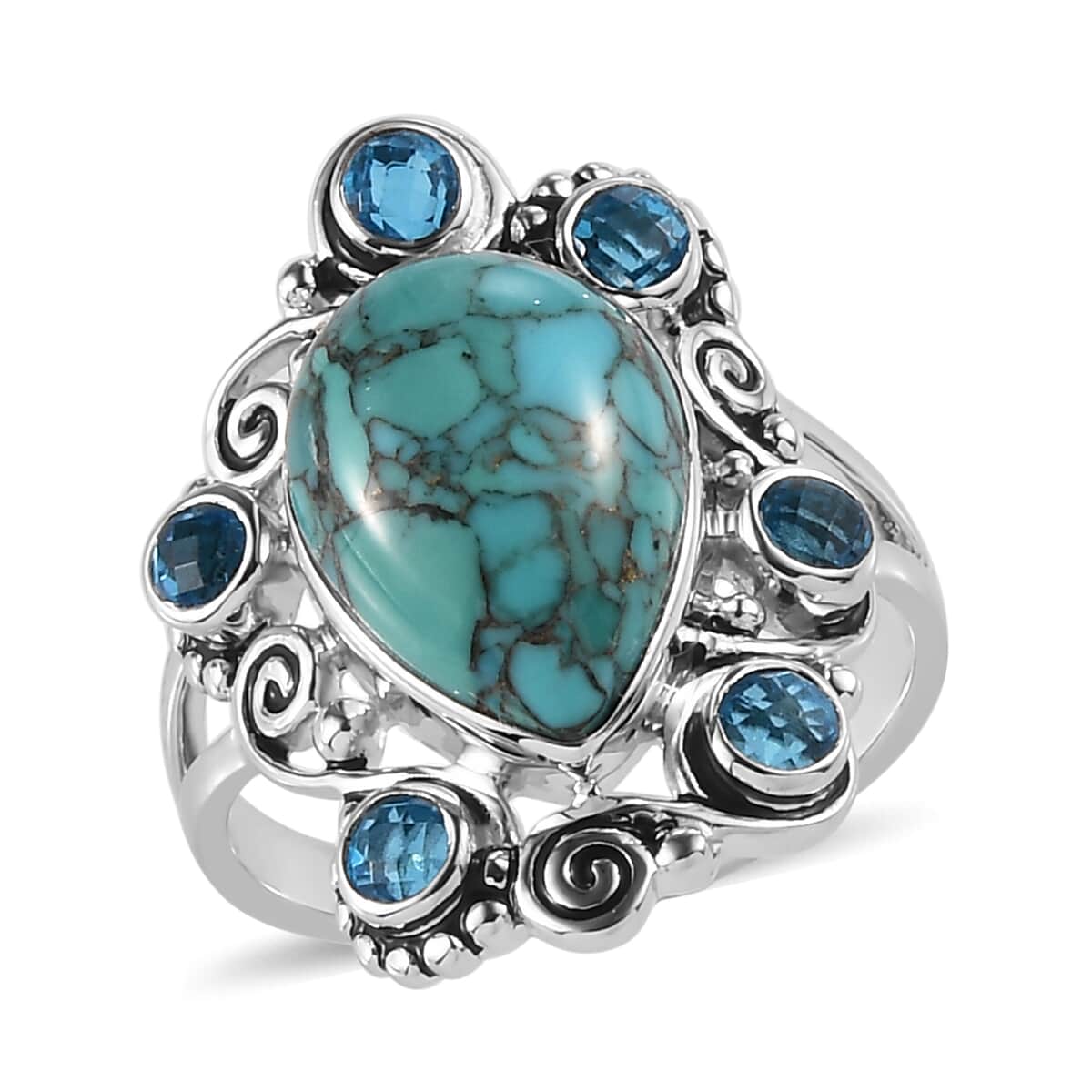Sajen Silver AAA Mojave Turquoise and Celestial Paraiba Doublet Quartz Ring in Platinum Over Sterling Silver (Size 10.0) 6.75 ctw image number 0
