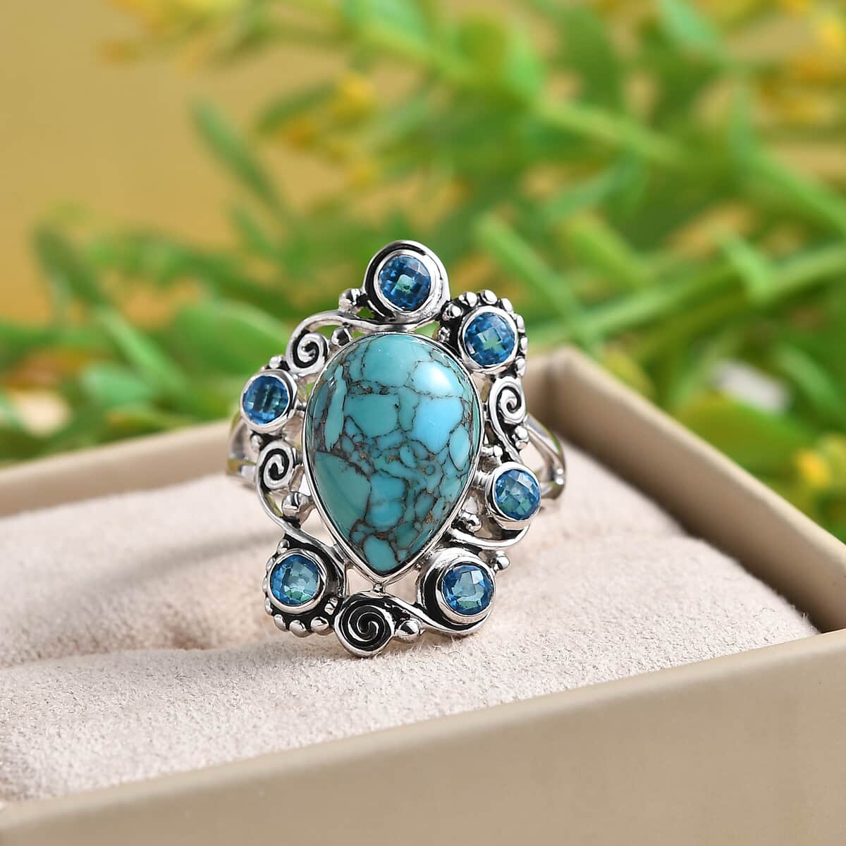 Sajen Silver AAA Mojave Turquoise and Celestial Paraiba Doublet Quartz Ring in Platinum Over Sterling Silver (Size 10.0) 6.75 ctw image number 1