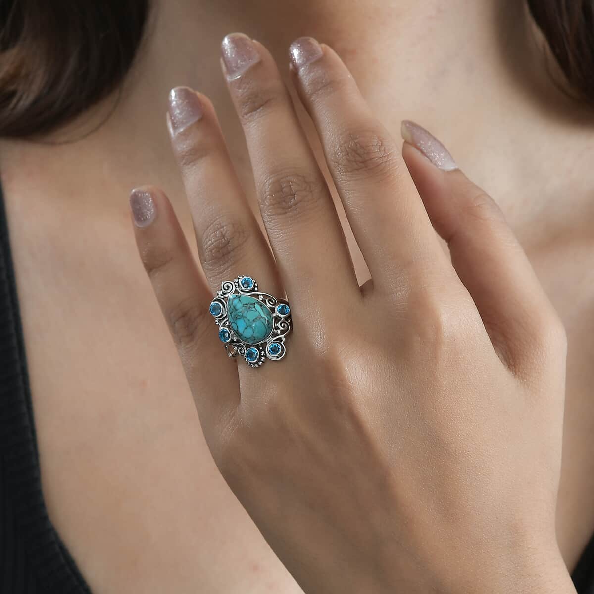 Sajen Silver AAA Mojave Turquoise and Celestial Paraiba Doublet Quartz Ring in Platinum Over Sterling Silver (Size 10.0) 6.75 ctw image number 2