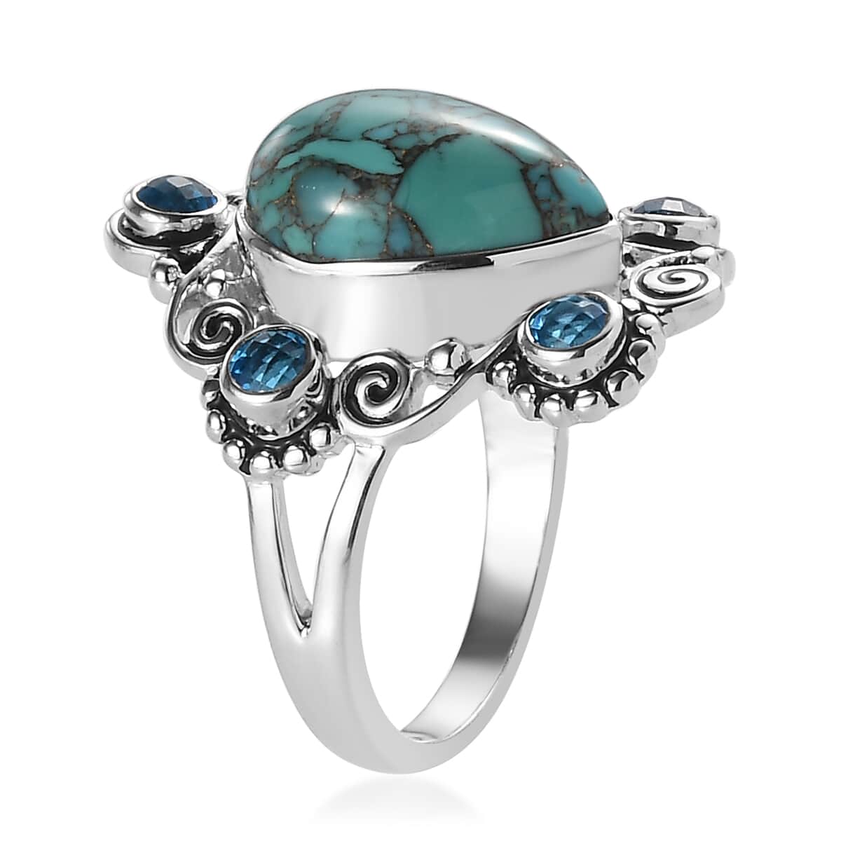 Sajen Silver AAA Mojave Turquoise and Celestial Paraiba Doublet Quartz Ring in Platinum Over Sterling Silver (Size 10.0) 6.75 ctw image number 3