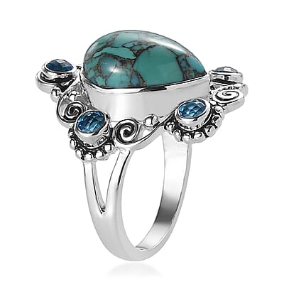 Sajen Silver AAA Mojave Turquoise and Celestial Paraiba Doublet Quartz Ring in Platinum Over Sterling Silver (Size 10.0) 6.75 ctw