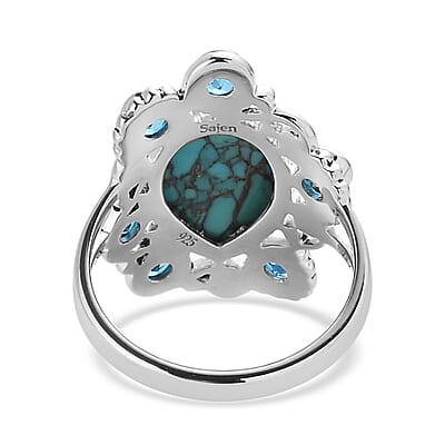 Sajen Silver AAA Mojave Turquoise and Celestial Paraiba Doublet Quartz Ring in Platinum Over Sterling Silver (Size 10.0) 6.75 ctw