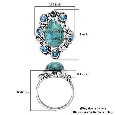 Sajen Silver AAA Mojave Turquoise and Celestial Paraiba Doublet Quartz Ring in Platinum Over Sterling Silver (Size 10.0) 6.75 ctw